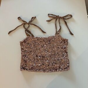 Free People Hey Girl Rose Gold Sequin Tie Strap Cami Tank Top Crop L
